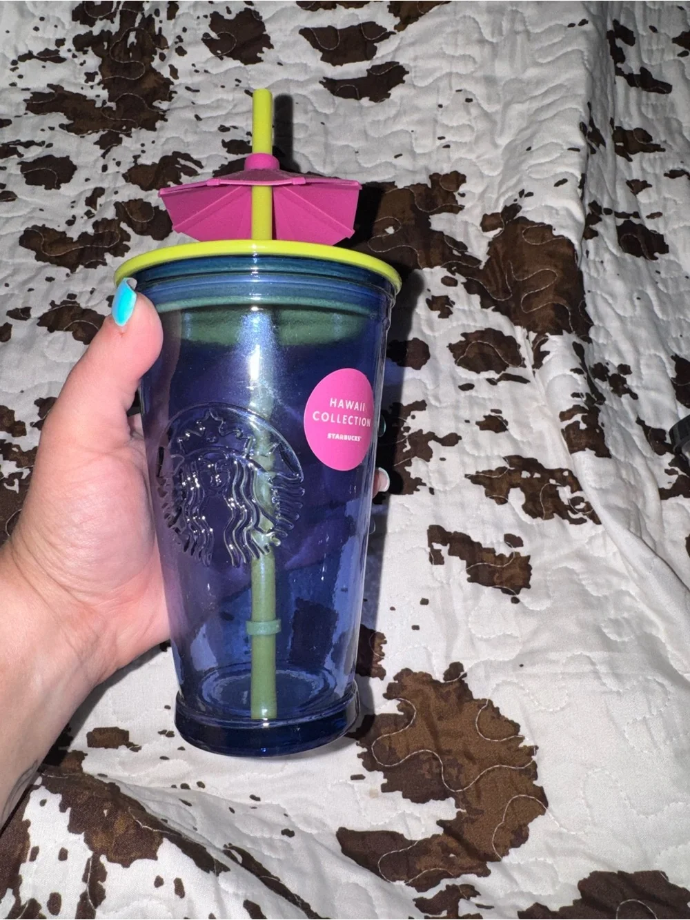 Starbucks Hawaii Collection Glass Blue Tumbler with Pink Umbrella